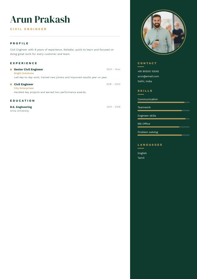 Emerald Arun Prakash Civil Engineer Resume — editable resume template