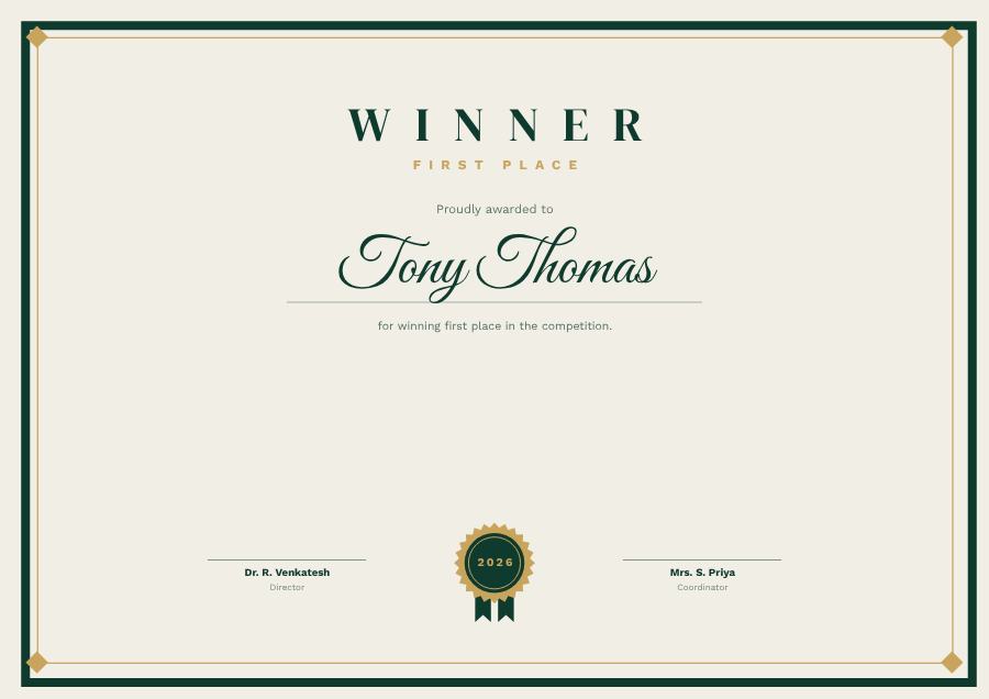 Emerald Certificate First Place Winner Modern — editable certificates template