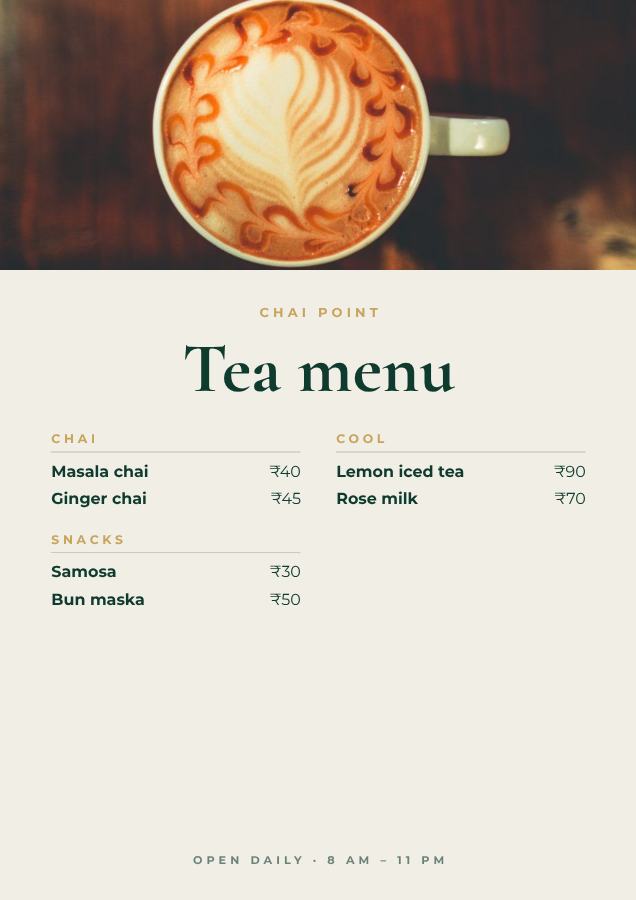 Emerald Chai Point Tea menu — editable menus template