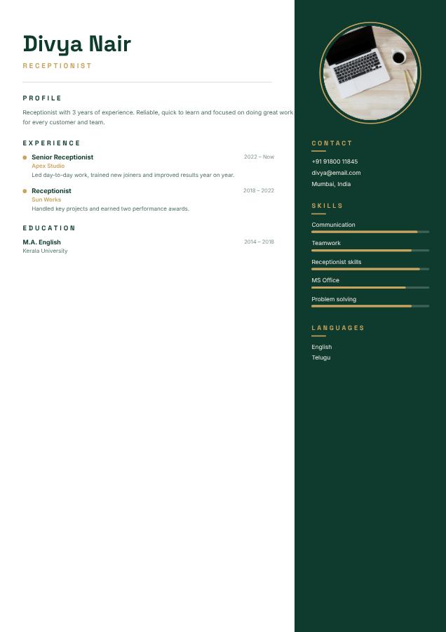 Emerald Divya Nair Receptionist Resume — editable resume template