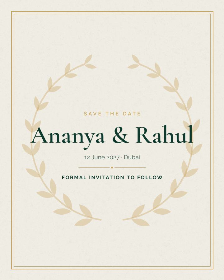 Emerald Elegant Ananya and Rahul Save the Date — editable wedding template