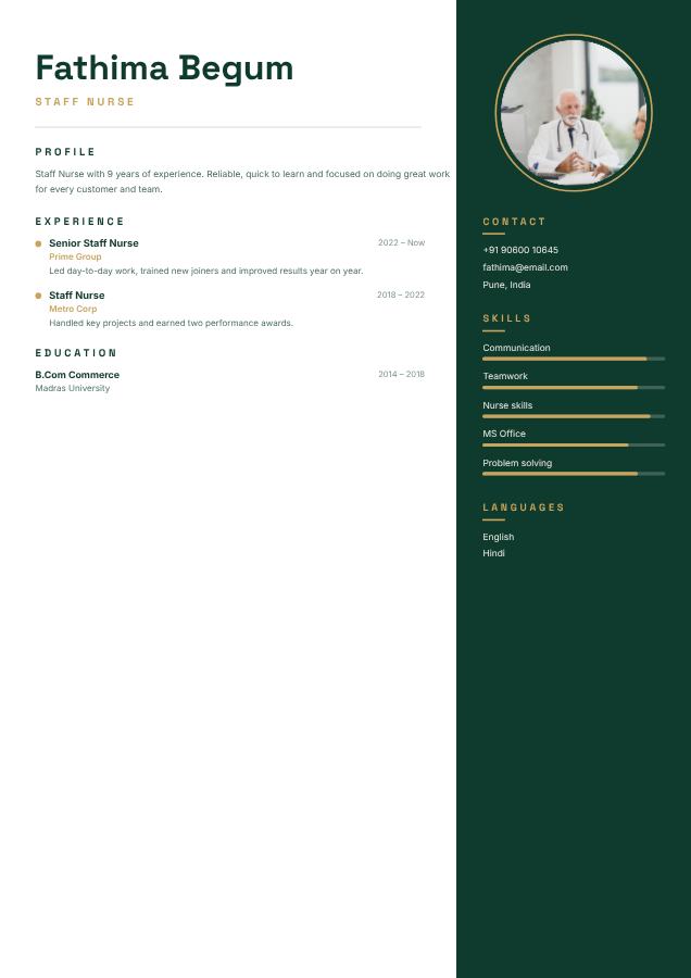 Emerald Fathima Begum Staff Nurse Resume — editable resume template