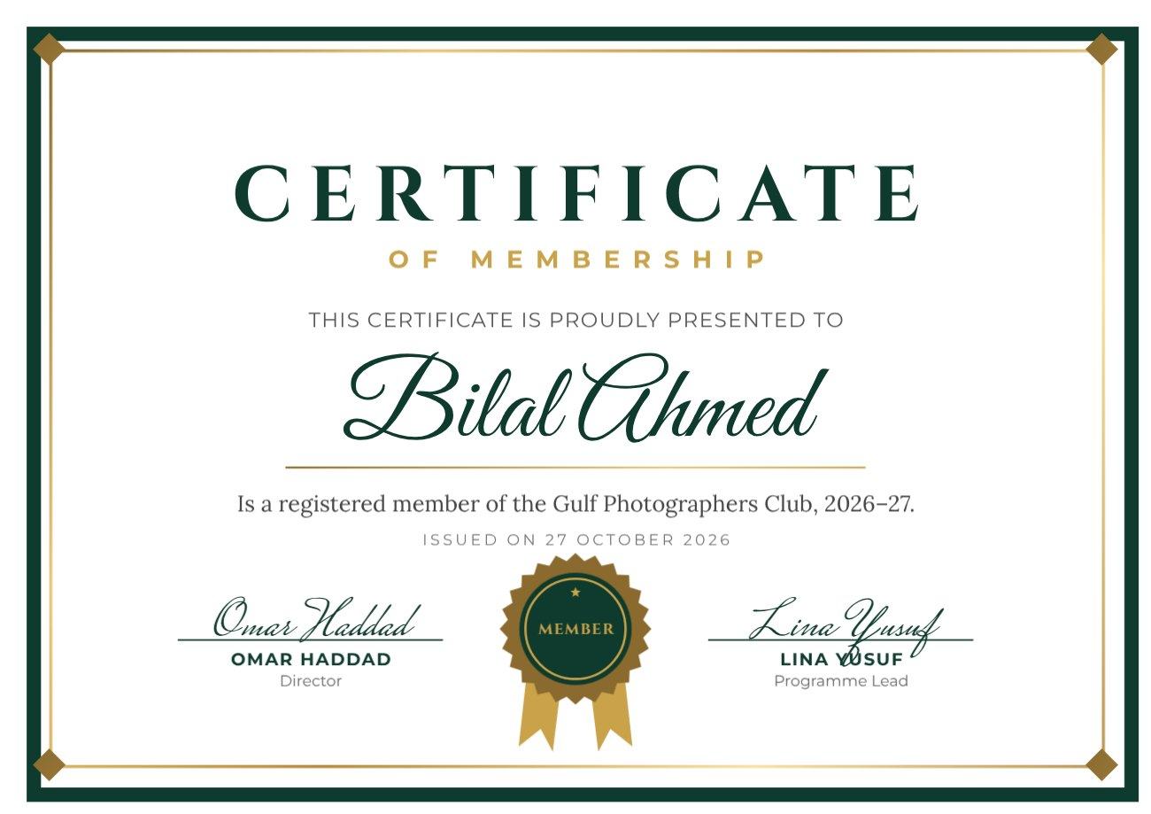 Emerald Frame Certificate of Membership — editable certificates template