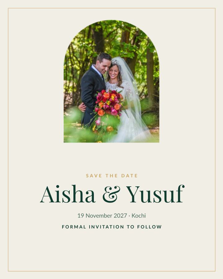 Emerald Framed Aisha and Yusuf Save the Date — editable wedding template