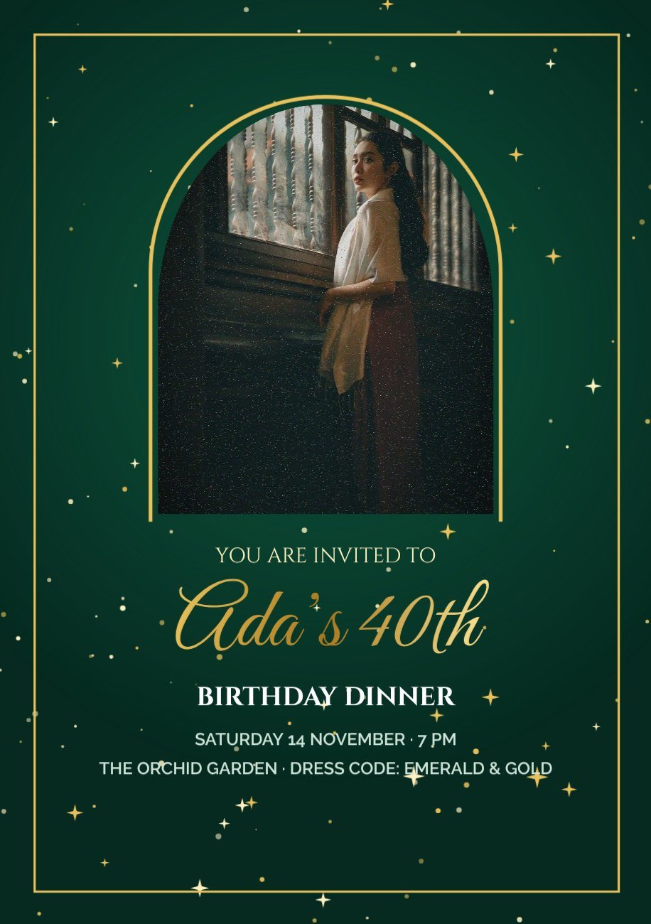 Emerald Gold Portrait Party Invitation — editable birthday template