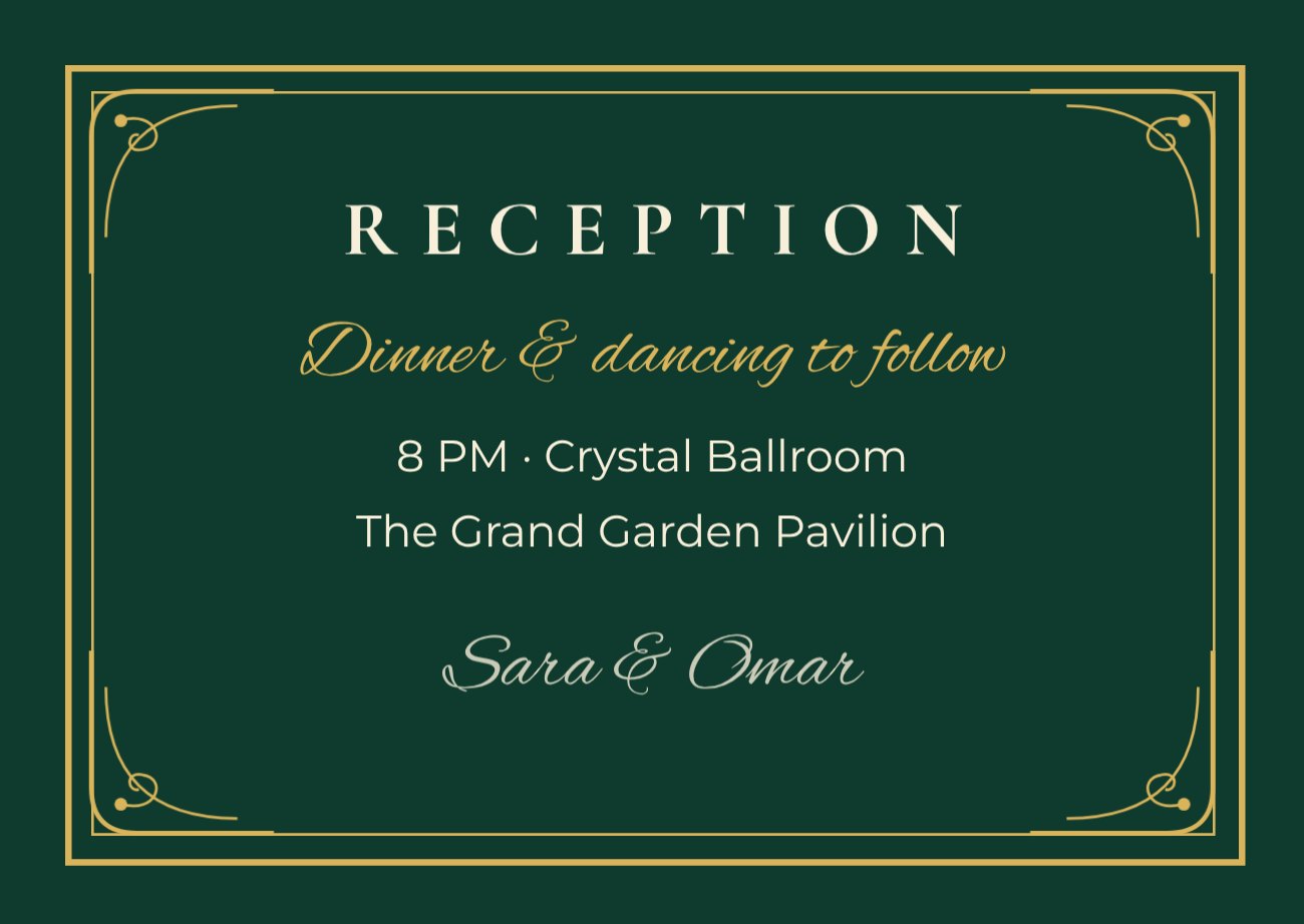 Emerald & Gold Reception Card — editable wedding template