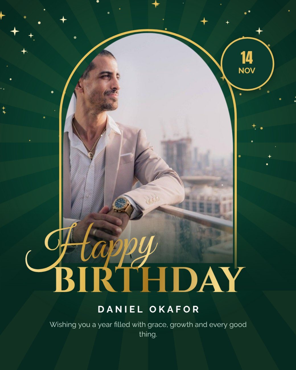 Emerald Gold Script Portrait Birthday Flyer — editable birthday template