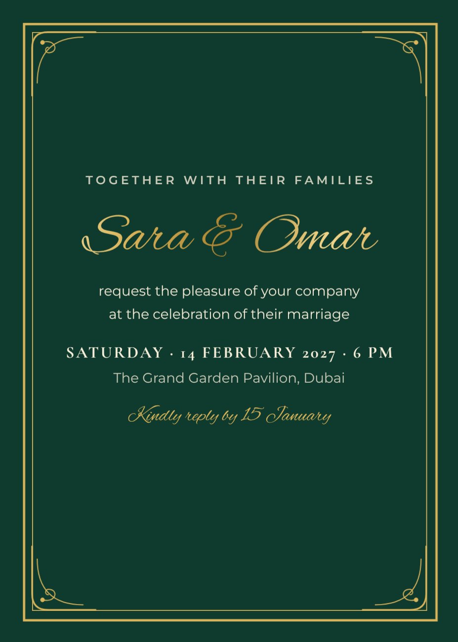 Emerald & Gold Wedding Invitation — editable wedding template