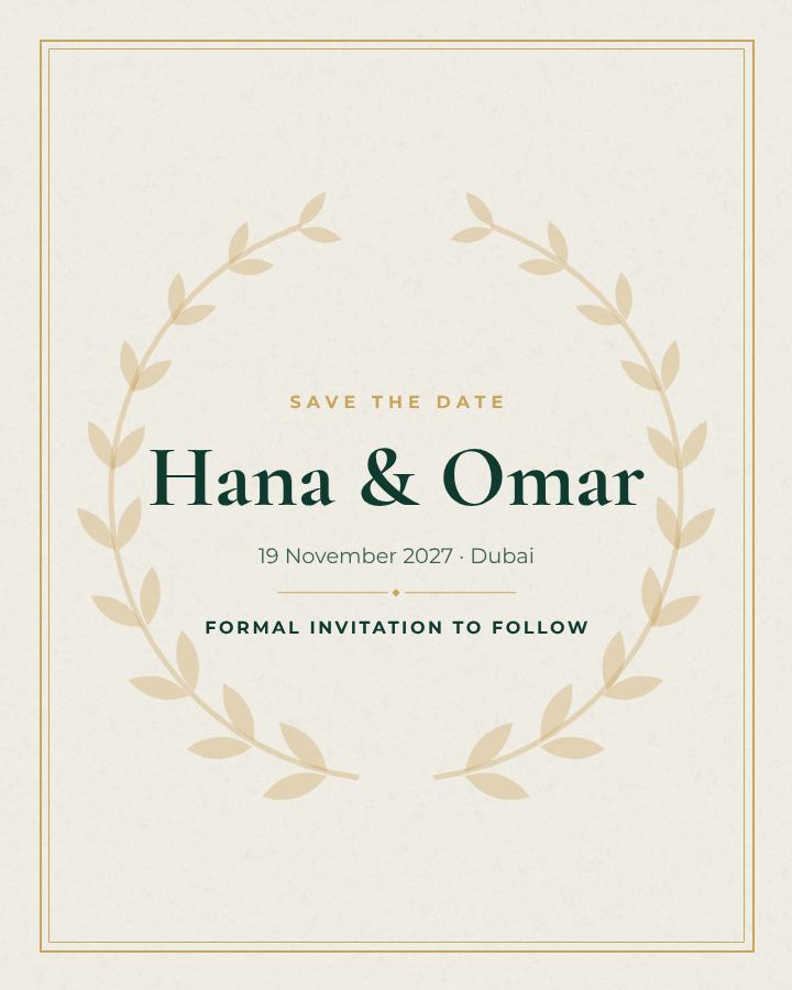 Emerald Hana and Omar Save the Date — editable wedding template