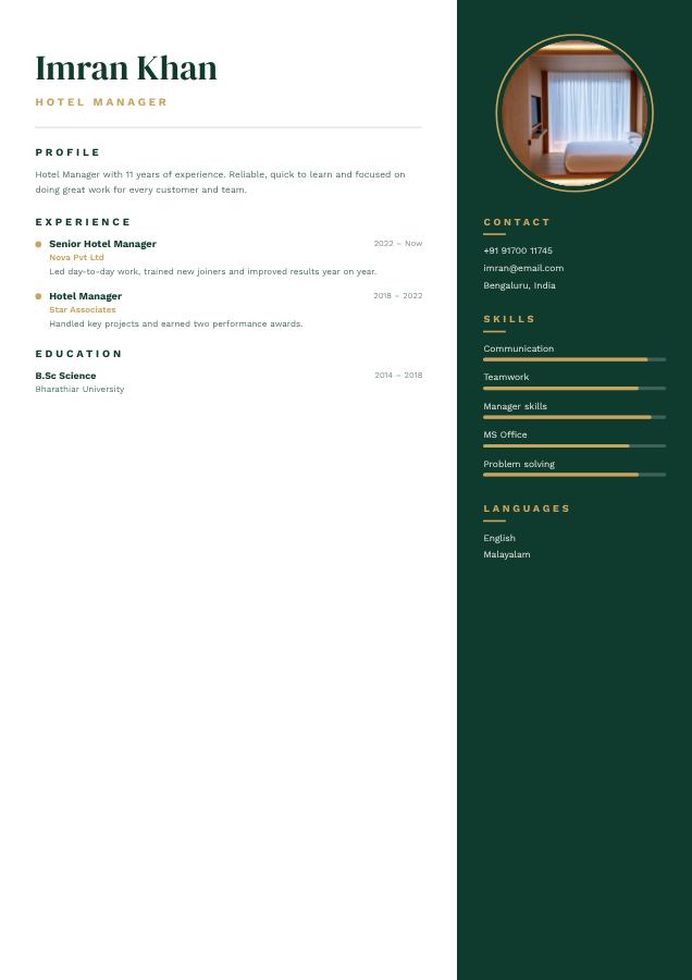 Emerald Imran Khan Hotel Manager Resume — editable resume template