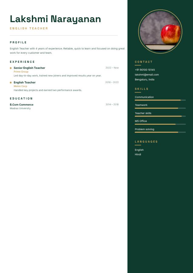Emerald Lakshmi Narayanan English Teacher Resume — editable resume template
