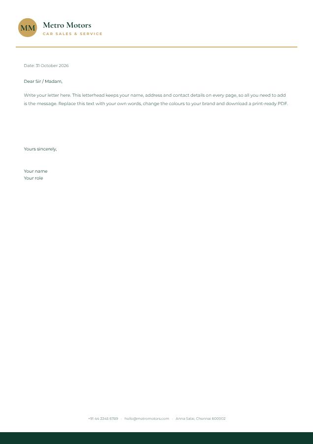 Emerald Metro Motors Minimal Letterhead — editable business template