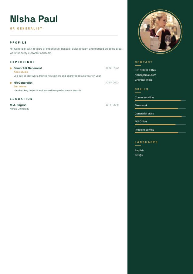 Emerald Nisha Paul HR Generalist Resume — editable resume template