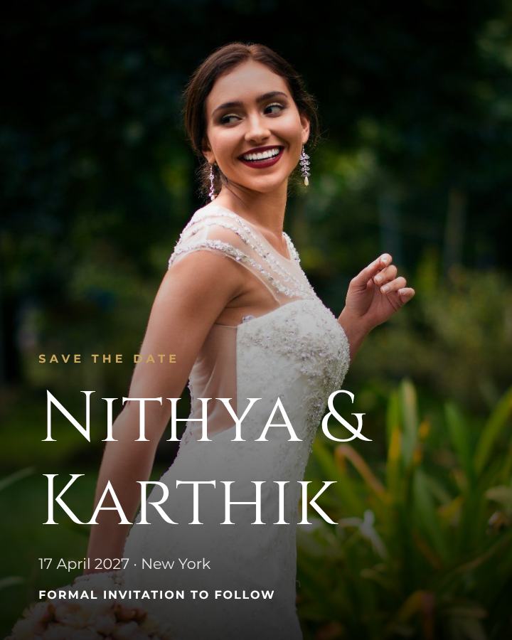 Emerald Nithya and Karthik Save the Date — editable wedding template