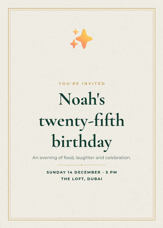 Emerald Noah's Twenty-Five Birthday Invitation — editable birthday template