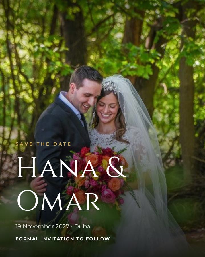 Emerald Photo Hana and Omar Save the Date — editable wedding template