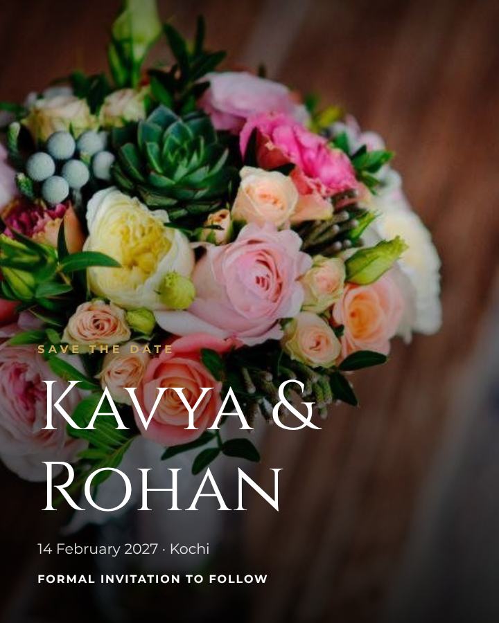 Emerald Photo Kavya and Rohan Save the Date — editable wedding template