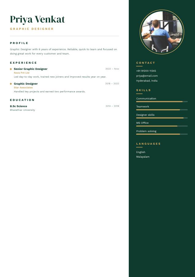 Emerald Priya Venkat Graphic Designer Resume — editable resume template