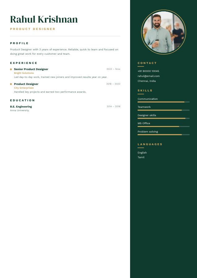 Emerald Rahul Krishnan Product Designer Resume — editable resume template
