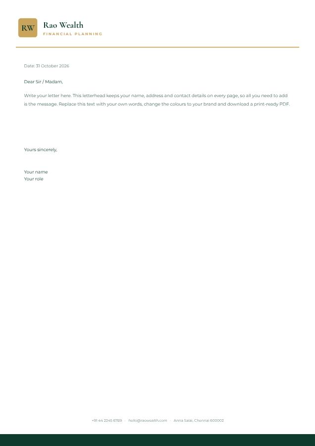 Emerald Rao Wealth Minimal Letterhead — editable business template