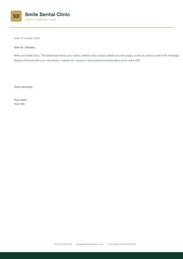 Emerald Smile Dental Clinic Minimal Letterhead — editable business template