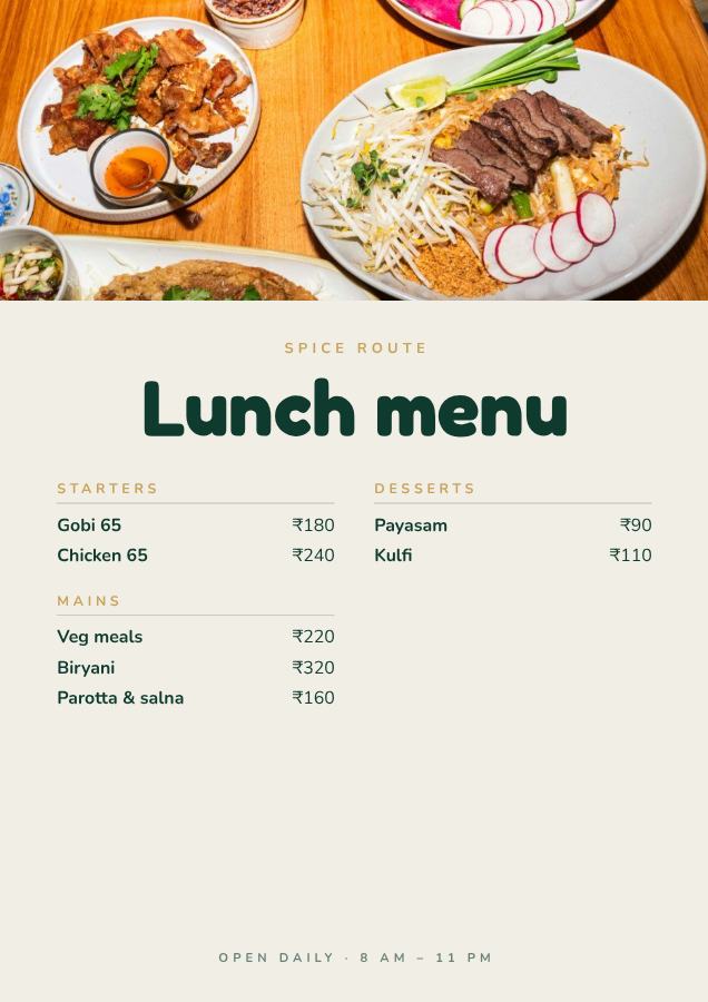 Emerald Spice Route Lunch menu Card — editable menus template