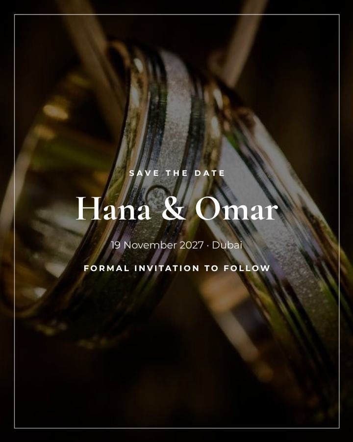 Emerald Spotlight Hana and Omar Save the Date — editable wedding template