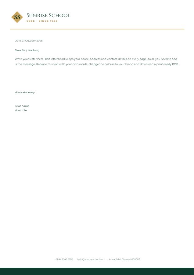 Emerald Sunrise School Minimal Letterhead — editable business template