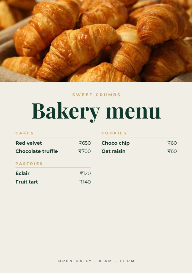 Emerald Sweet Crumbs Bakery menu A4 — editable menus template