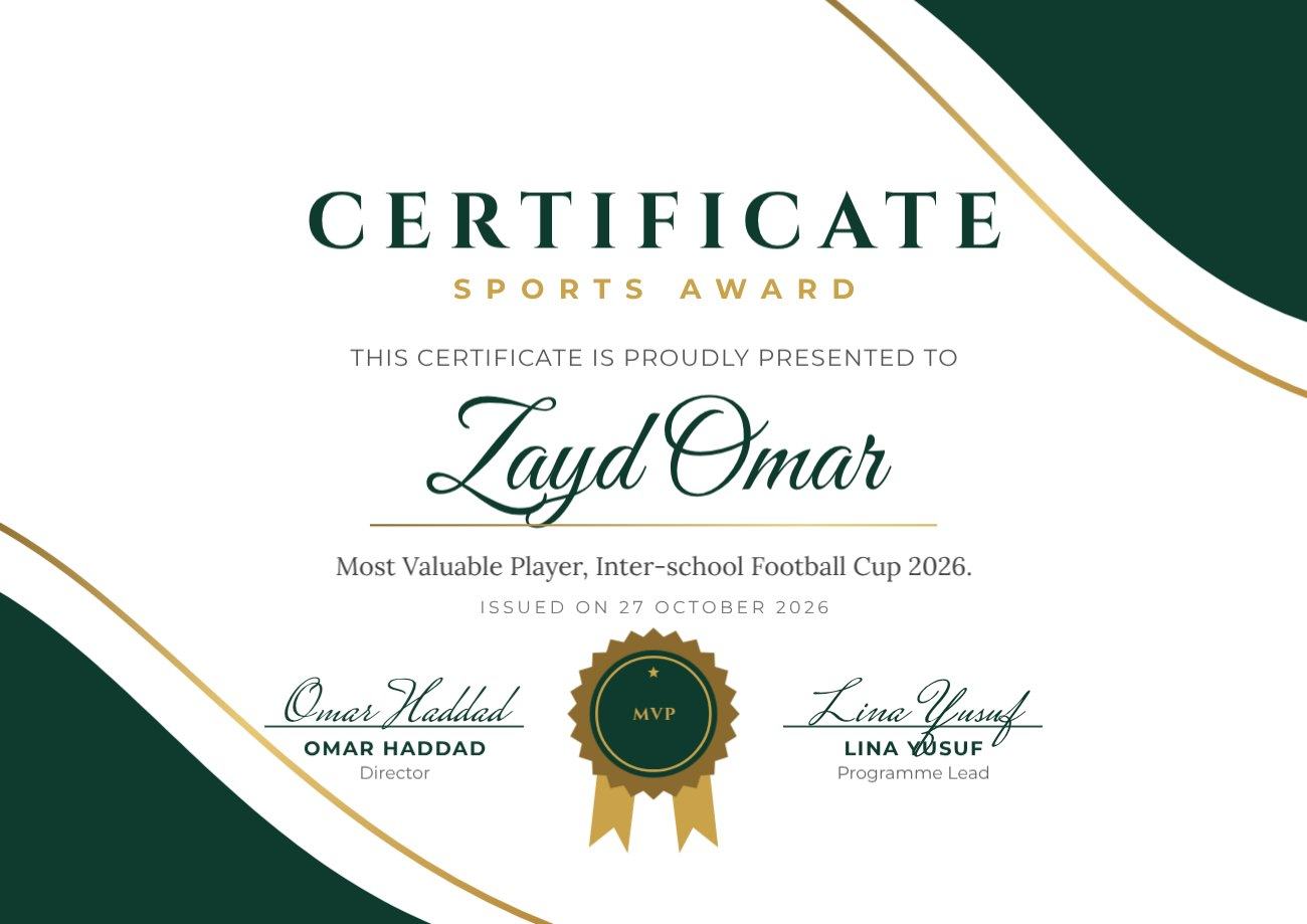 Emerald Wave Sports Award Certificate — editable certificates template
