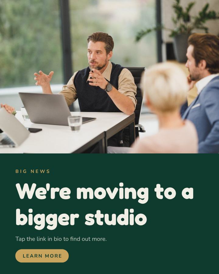Emerald We're moving to a bigger studio Announcement Post — editable social media template