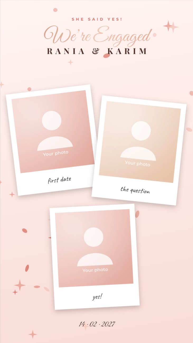 Engagement Blush Polaroid Memories Story — editable wedding template