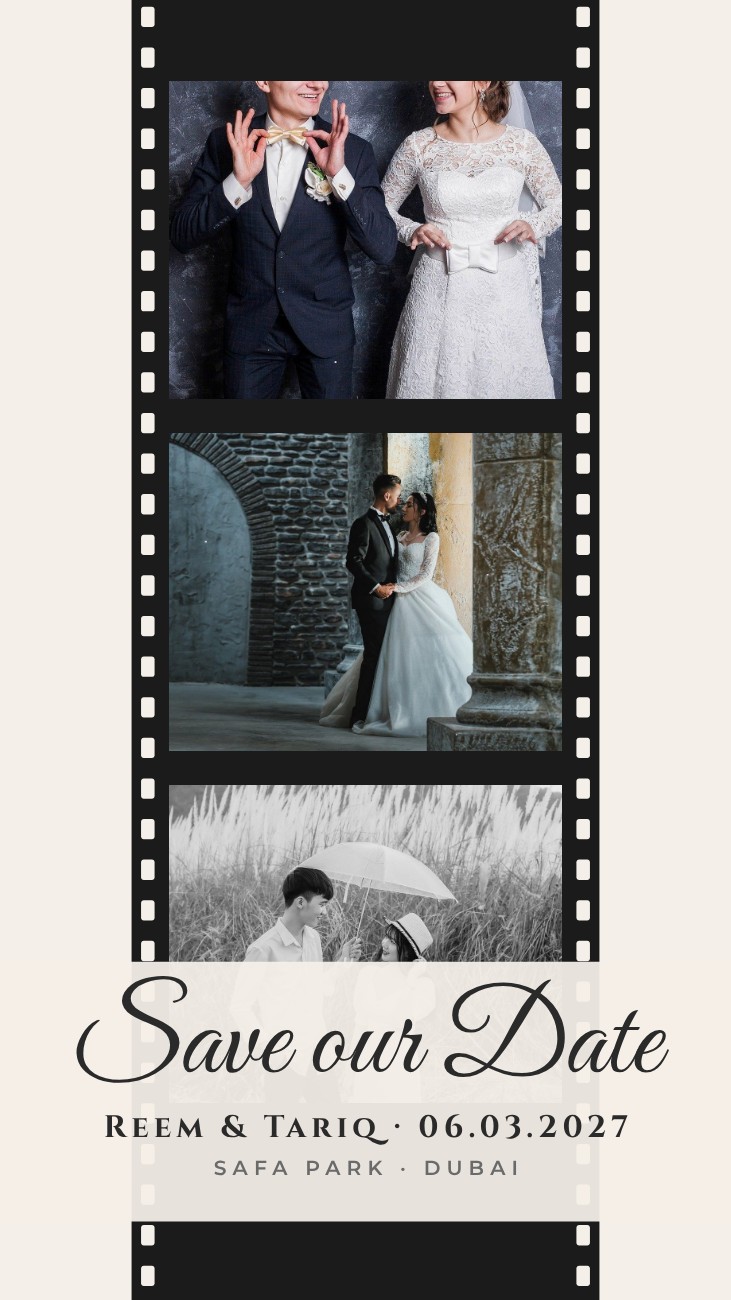 Film Strip Save the Date Story — editable wedding template