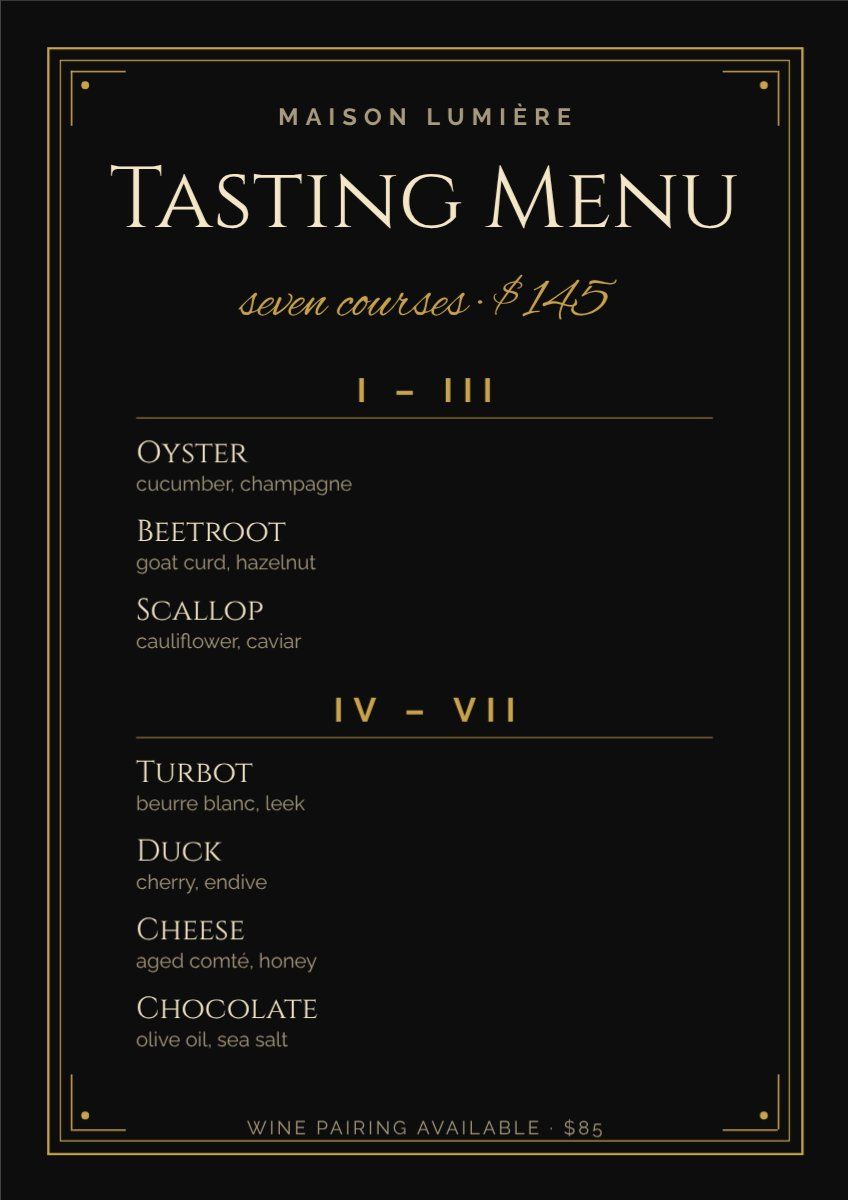 Fine Dining Tasting Menu — editable menus template