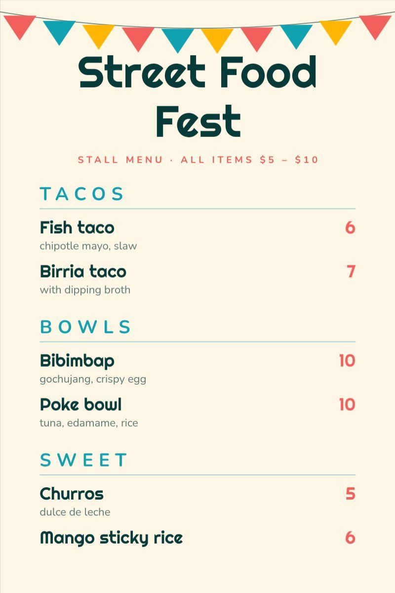Food Festival Stalls Menu — editable menus template