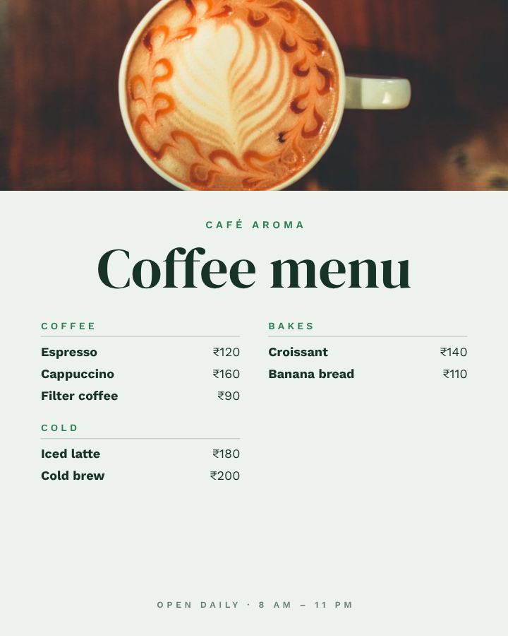 Forest Café Aroma Coffee menu — editable menus template