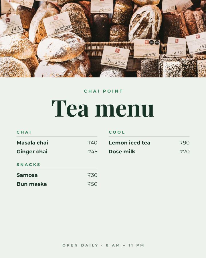 Forest Chai Point Tea menu — editable menus template