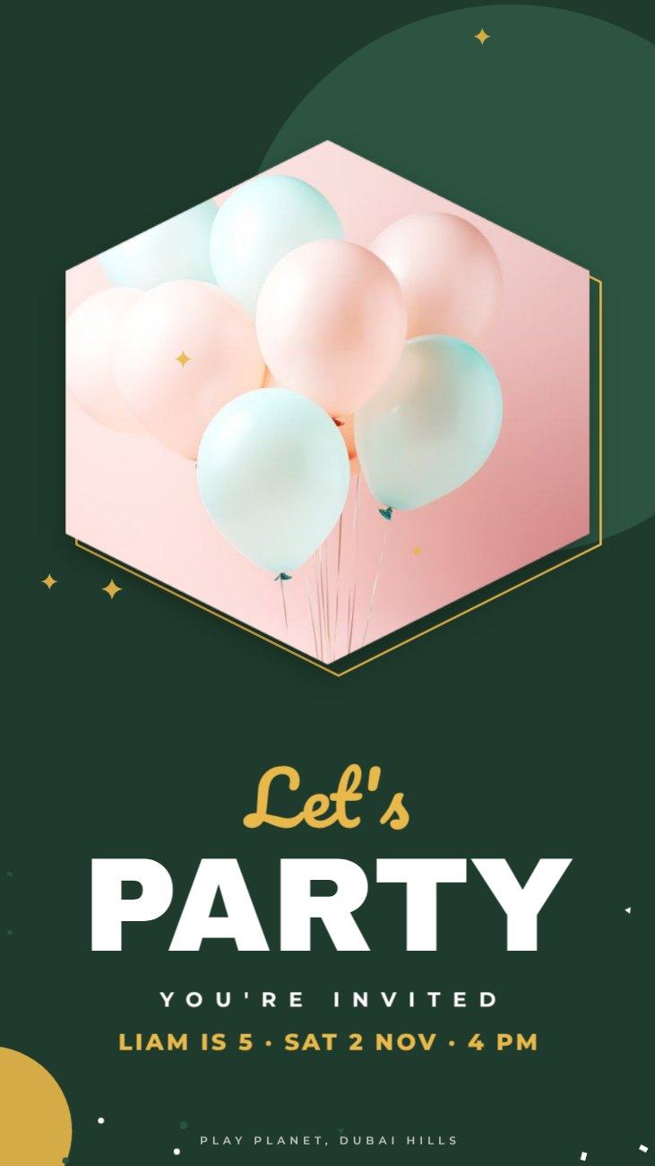 Forest Hexagon Kids Party Story — editable birthday template