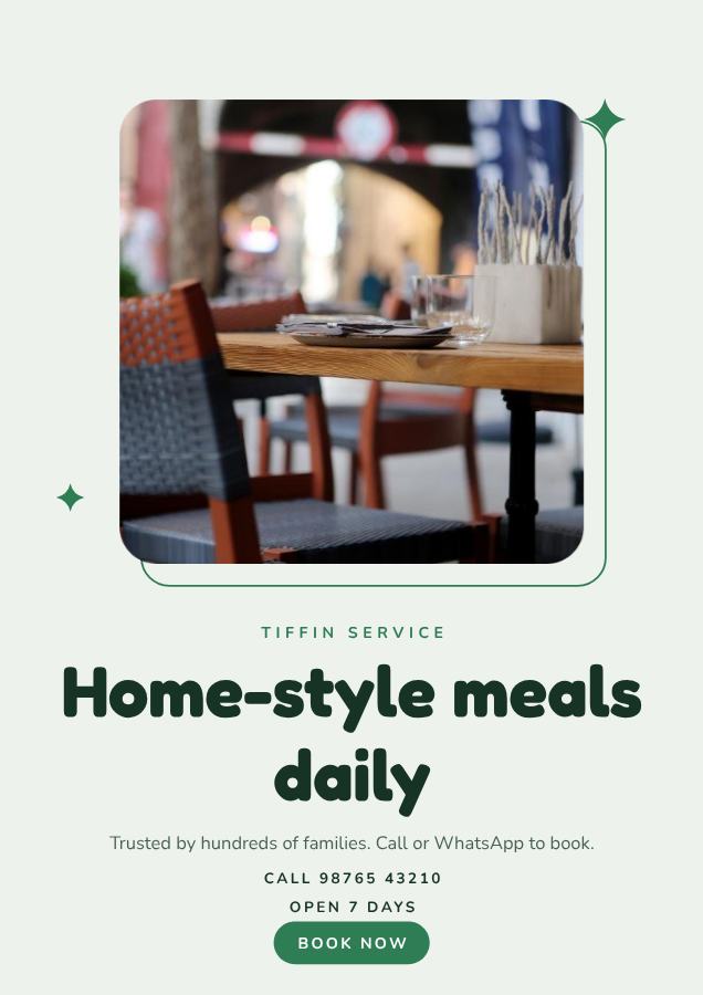 Forest Home-style meals daily Tiffin service Flyer Promo — editable business template