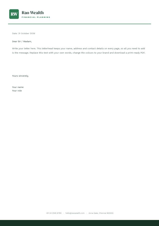Forest Rao Wealth Minimal Letterhead — editable business template