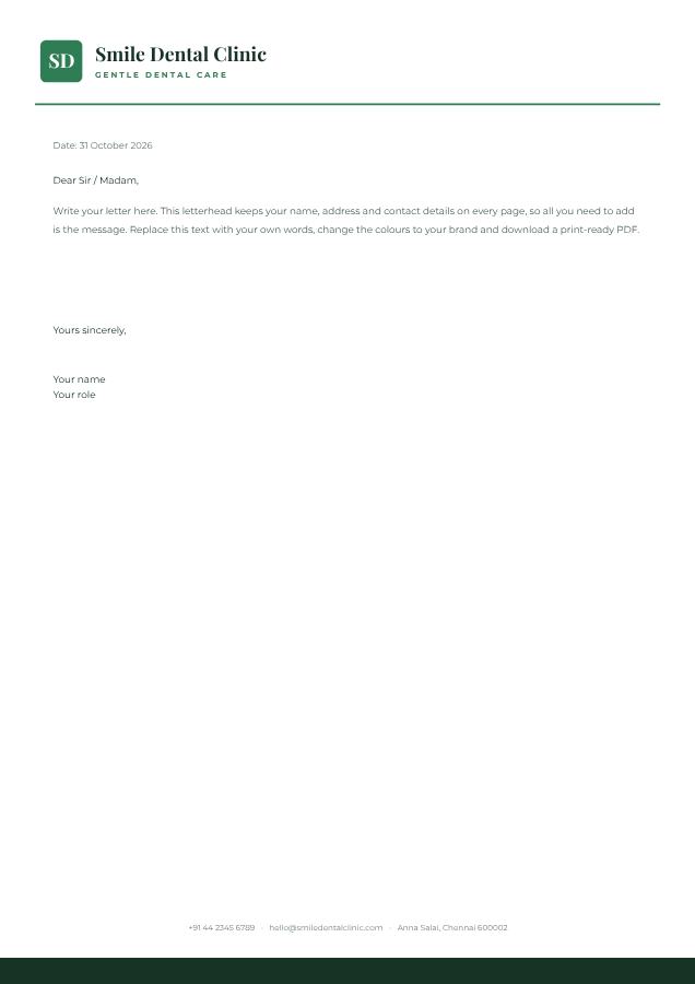 Forest Smile Dental Clinic Minimal Letterhead — editable business template