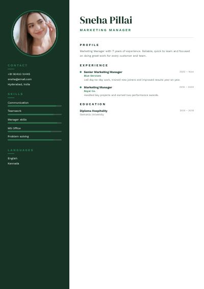 Forest Sneha Pillai Marketing Manager Resume — free resume site template