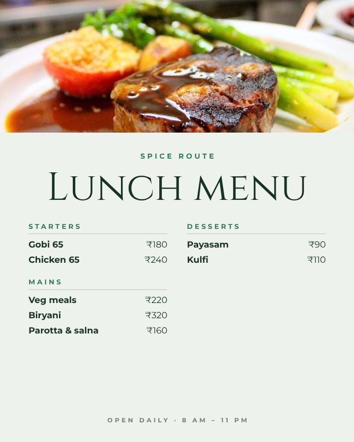 Forest Spice Route Lunch menu Card — editable menus template