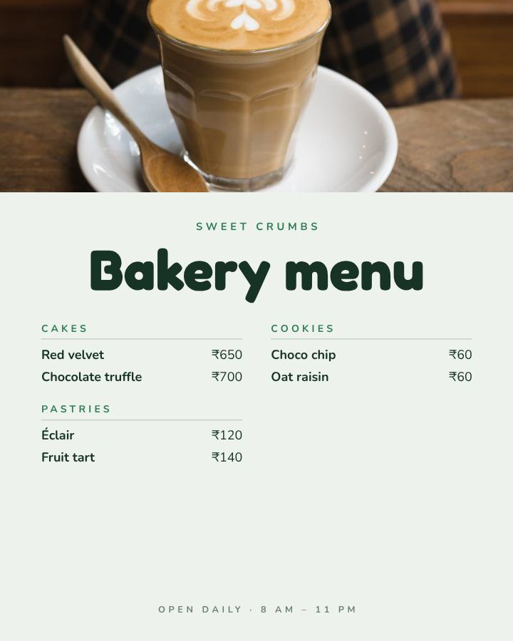 Forest Sweet Crumbs Bakery menu A4 — editable menus template