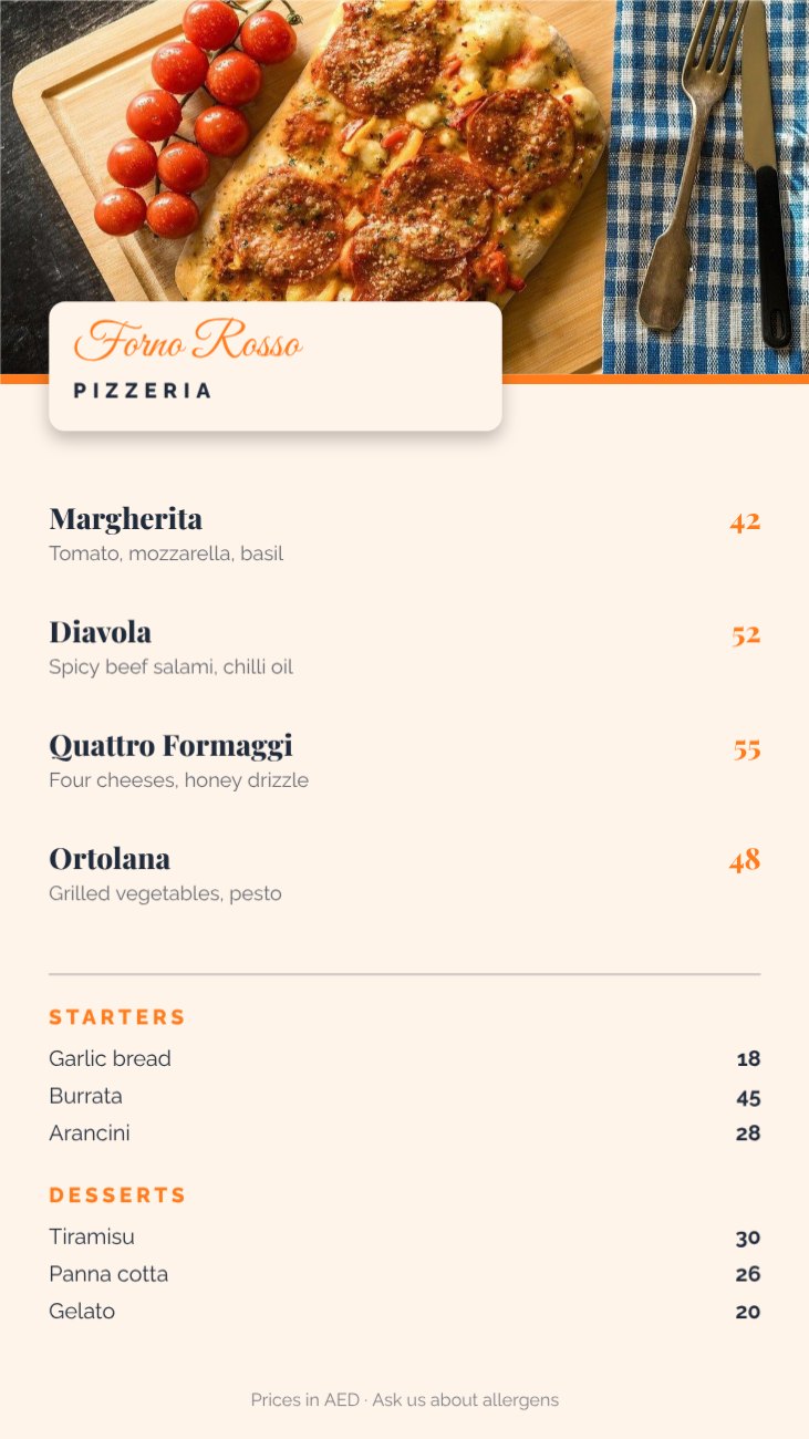 Forno Rosso Pizzeria Story Menu — editable menus template