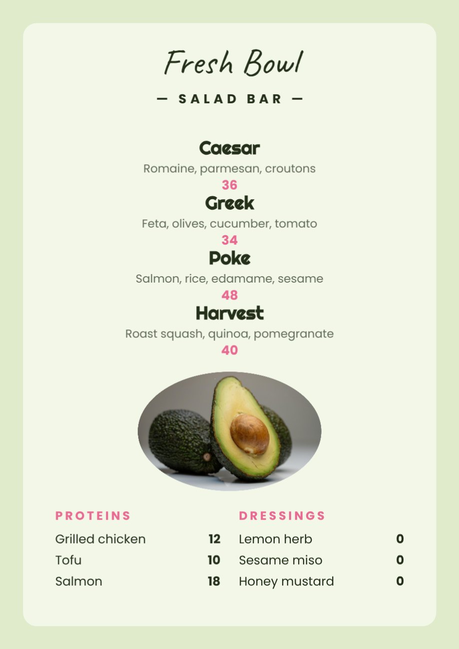 Fresh Bowl Salad Bar Menu — editable menus template