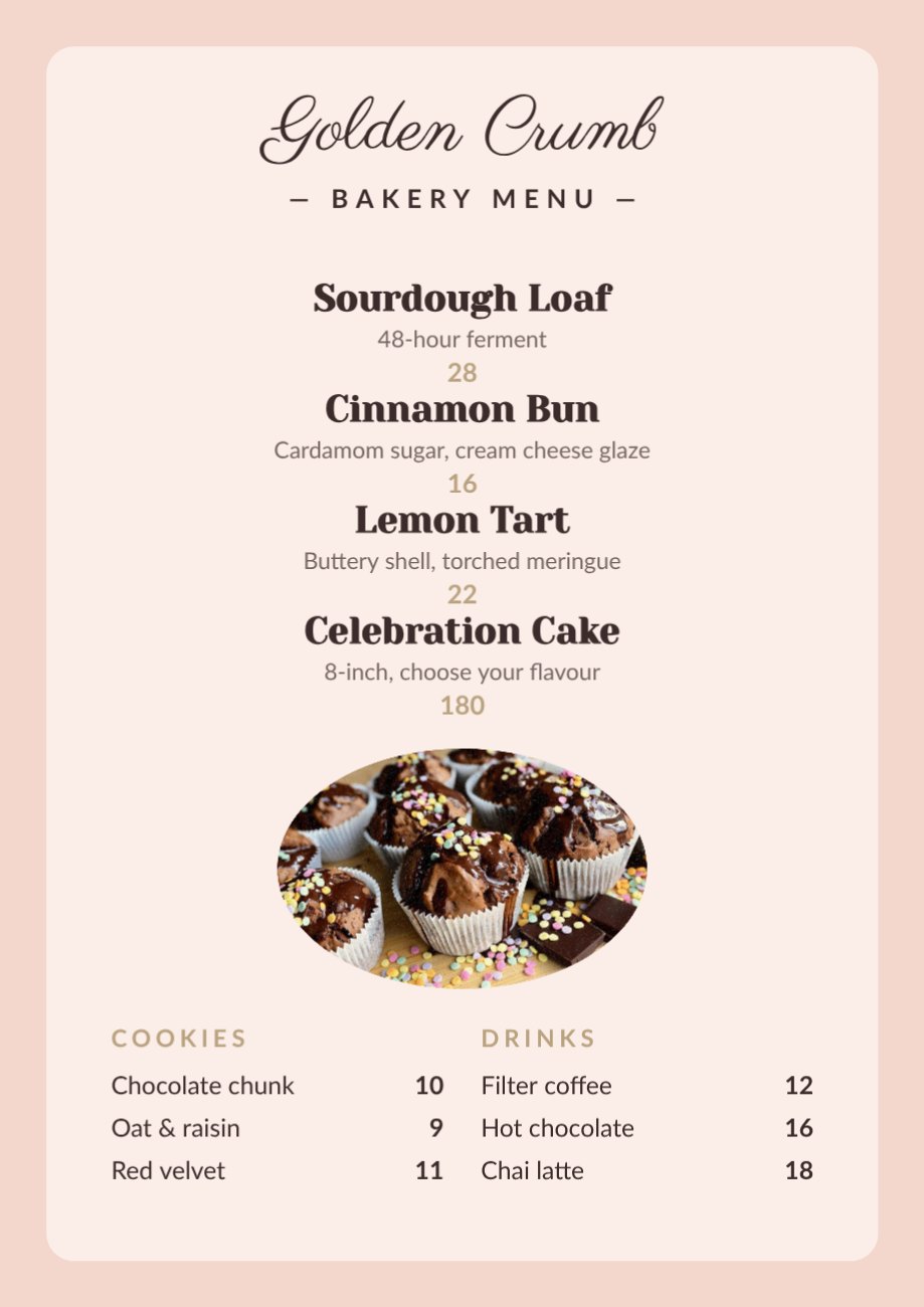 Golden Crumb Bakery Menu — editable menus template