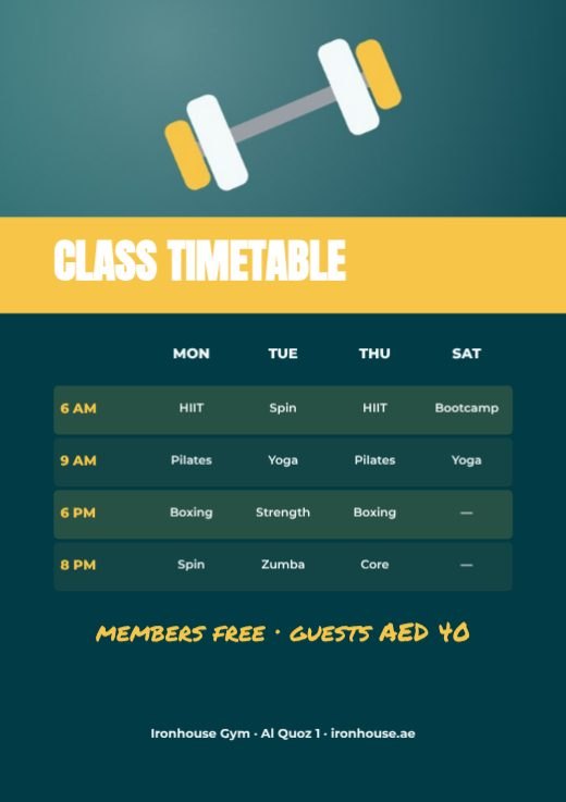 Gym Class Timetable A5 Flyer template