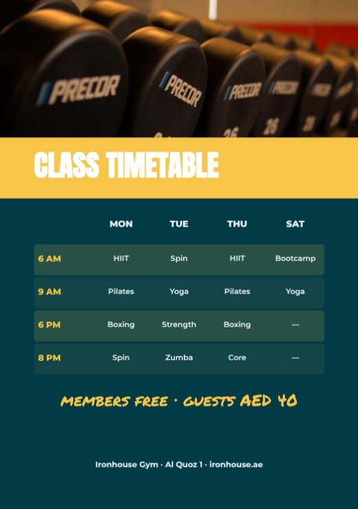 Gym Class Timetable A5 Flyer — free gym poster template