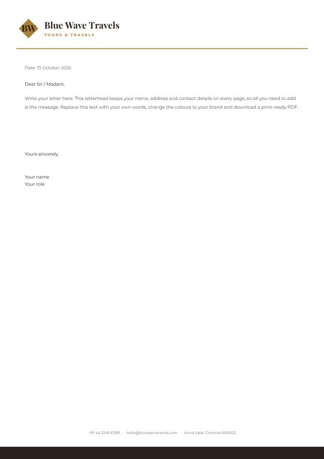 Ivory Blue Wave Travels Minimal Letterhead — editable business template